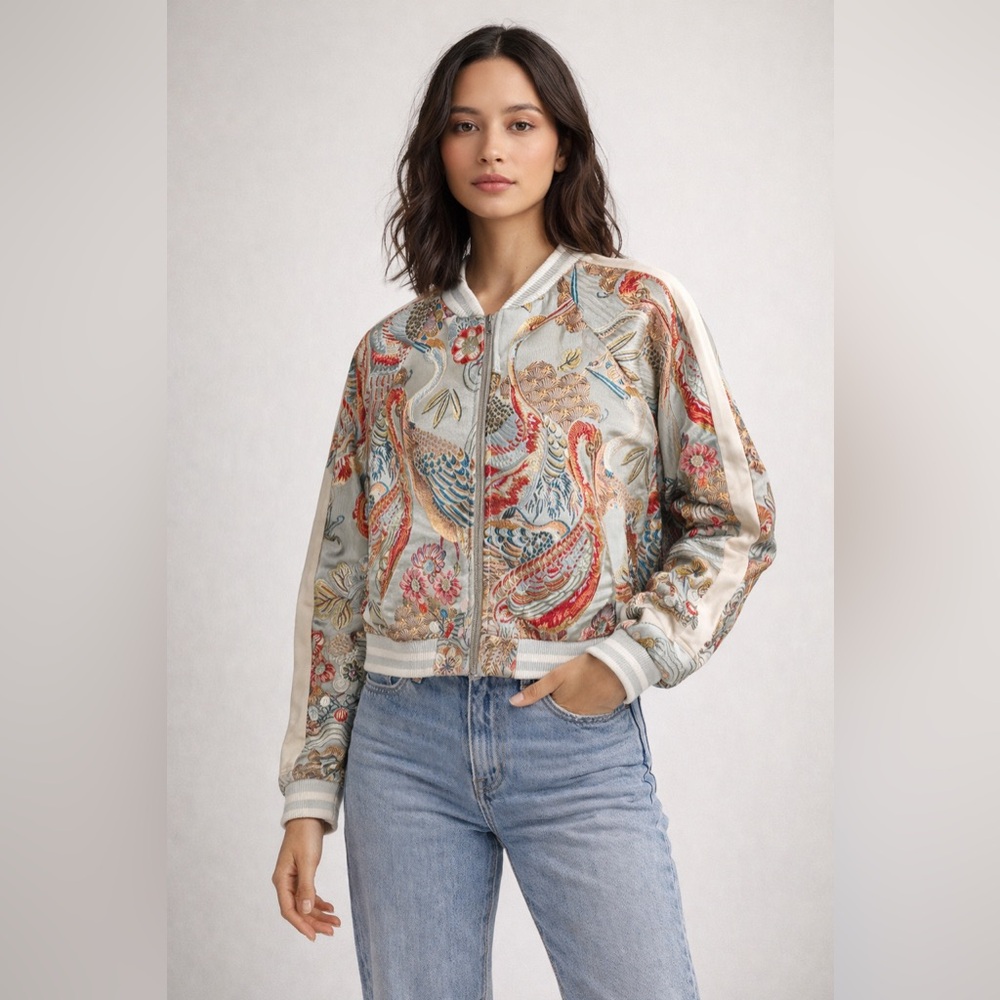 EUC Alpha & Omega Outerwear Crane Embroidered Sukajan Bomber, size Small